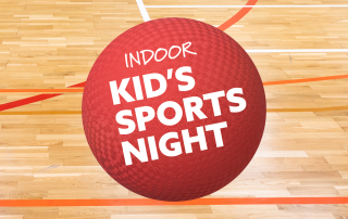 The logo is a red ball that says "Indoor Kid's Sports Night" on a gym wood floor.