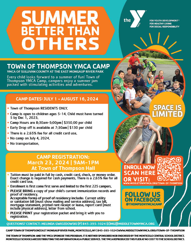 YMCA Thompson Summer Camp Information flyer includes dates and times for the camp (which are also listed in the text before this image). 